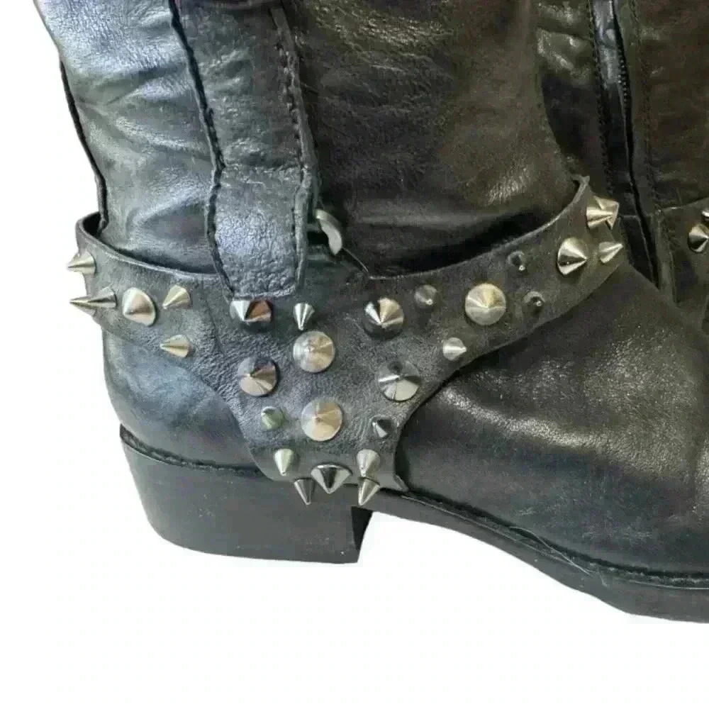SAM EDELMAN tall leather spiked moto riding boots - black + tan - women 7 medium - Picture 5 of 16